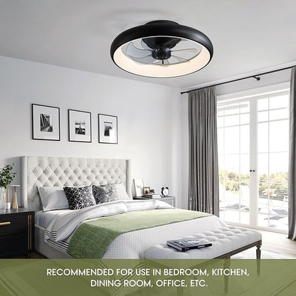 LUDOMIDE Ceiling Fans with Lights 20'' Flush Mount Fan Remote & APP Control Black Low Profile 6 Wind Speeds Smart Dimmable LED for Bedroom Living Room (Y1095-BK-ELE)