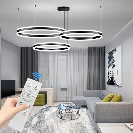 Mikeru Modern 3 Ring Chandelier Light, LED Pendant Light Fixtures with Remote Control 3000k-6500K Adjustable Color Temperature Light for Living Room, Bedroom, Kitchen（15.7+23.6+31.5IN）