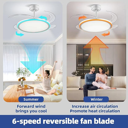 BAYSQUIRREL Slim RGB Retractable Ceiling Fan with Light and APP/Remote Control, 42inch Modern Smart Ceiling Fan with Bluetooth Speaker, Dimmable Full Spectrum with Memory, 6-Speed Reversible Fan,White
