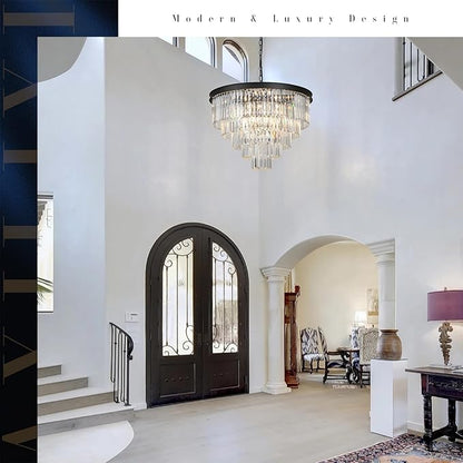 A AXILIXI Large Crystal Chandelier Modern Black 30" Round Chandeliers for Staircase K9 5-Tier Large Ceiling Pendant Light Fixtures Luxury Chandelier for High Ceiling Foyer Living Room Bedroom