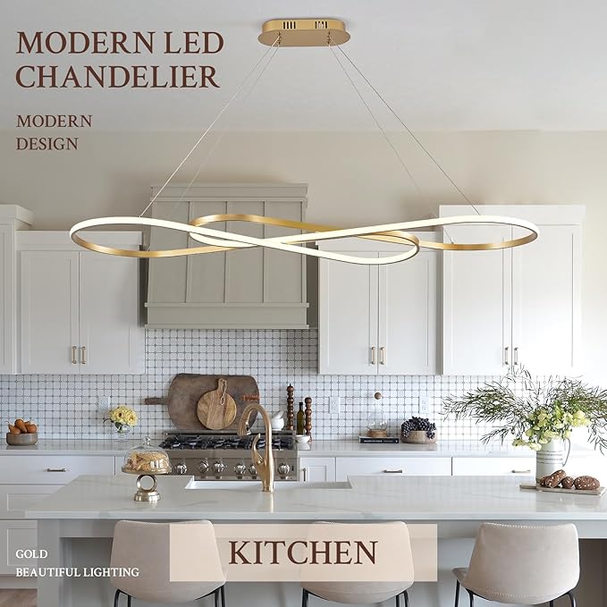 Modern LED Chandelier Gold Dimmable LED Pendant Light for Dining Room Light Fixture Over Table Modern Kitchen Island Lighting High Ceiling with Remote for Living Room(56 Inch, 3000K-6500K)
