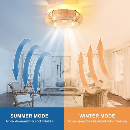 Ganeed 20.86" Boho Caged Ceiling Fan with Lights and Remote, Flush Mount Low Profile Rattan Ceiling Fans with Lights, Enclosed 6 Speeds Farmhouse Woven Ceiling Fan for Bedroom, Living Room, Kitchen