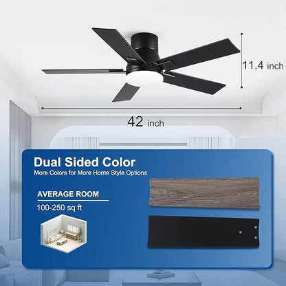 42 Inch Ceiling Fans with Lights and Remote,Flush Mount Black Ceiling Fan with 5 Blades,6 Speed Reversible DC Motor,3CCT Dimmable LED-Low Profile Design for Bedroom, Living room & Covered Outdoor