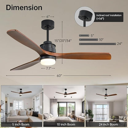 Sofucor 60 inch Ceiling Fan with Lights and Remote, Modern Large LED Ceiling Fan with 3 Walnut Blades and 3 Black Downrods, for Indoor Living Room Bedroom Outdoor Patio Porch, Reversible DC Motor