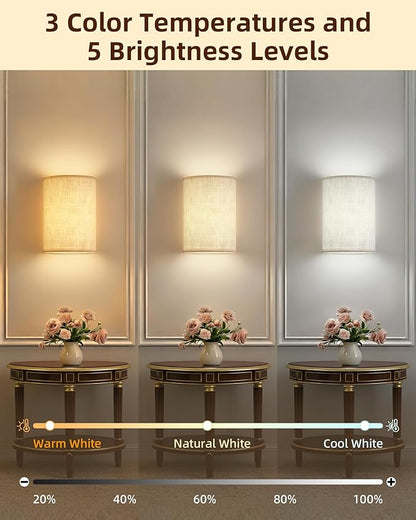 EZVALO Battery Operated Wall Sconce, Rechargeable Wall Sconces Set of Two with Remote, 3 Color & 80 RGB Wireless Wall Lights, Dimmable, Timer, Fabric Linen Shade Wall Decor for Bedroom, Living Room