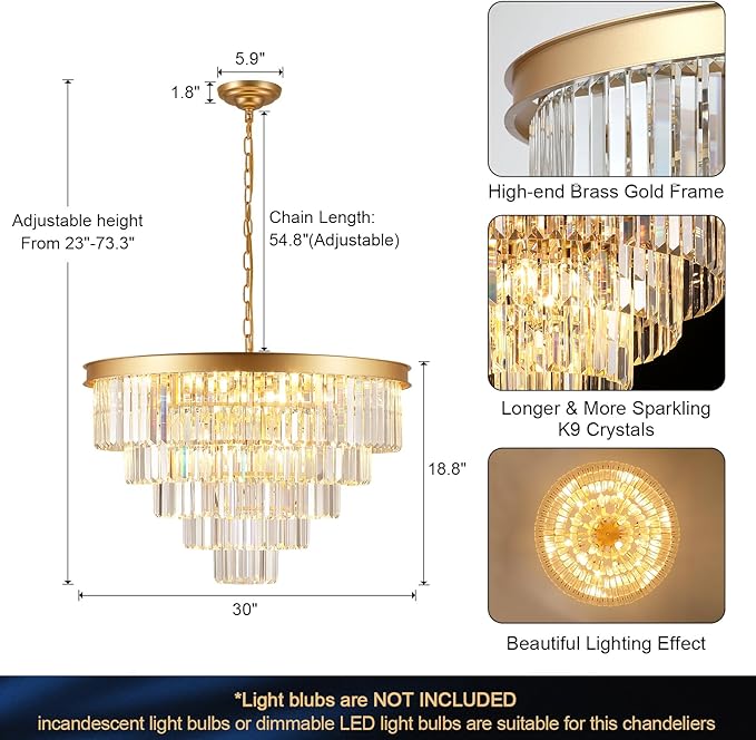 A AXILIXI Large Crystal Chandeliers 30’’ Modern Gold Round Chandeliers for High Ceiling K9 5-Tier Large Ceiling Chandelier Light Fixtures Luxury Chandelier for Staircase Foyer Living Room