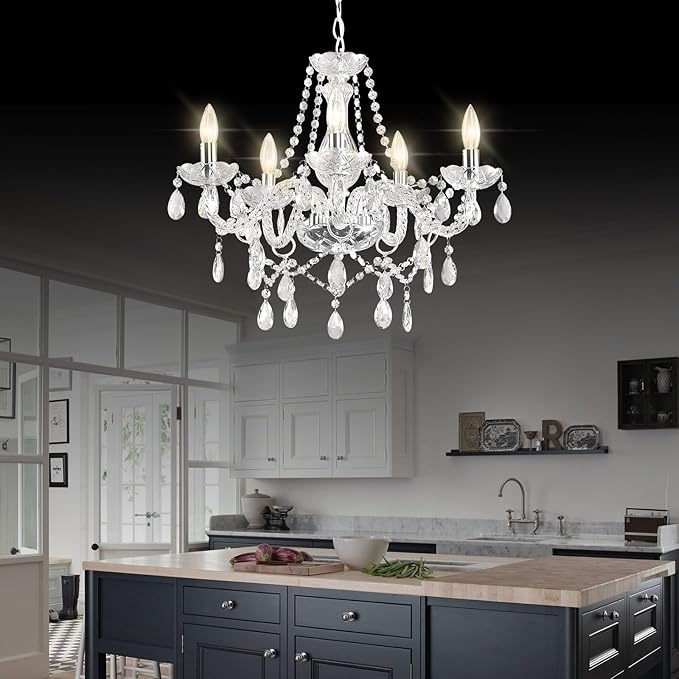 Farmhouse Crystal Chandelier Hanging Pendant Light Fixture, Modern 5 Lights K9 Crystal Ceiling Lighting Fixture for Dining Rooms ﻿Kitchen Island Living Room Bars