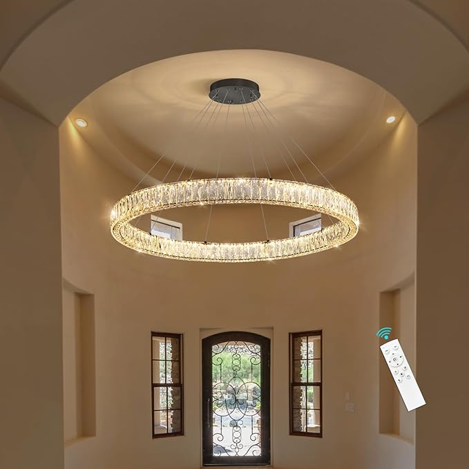 HAIXIANG Modern Crystal Chandelier Dimmable Large Ring LED Pendant Lights Adjustable Glam Chandeliers Lighting Fixtures for Dining Room Living Room Bedroom Black Light