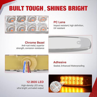 Nilight 20 Pack 6.3 Inch Rectangle Amber Side Marker Lights White Lens 12 LED 3 Functions (High/Low/Strobe) IP67 Waterproof Stainless Steel Chrome Bezel 12V Surface Mount for Truck Trailer RV Boat