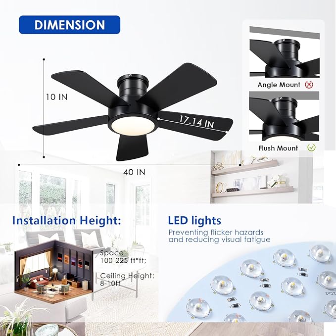 Hounberi 40 Inch Flush Mount Ceiling Fan with Lights and Remote, Modern Quiet DC Motor Low Profile Ceiling Fan for Low Ceilings, 5 Reversible Blades, 6 Speeds Dimmable, Indoor Outdoor Bedroom, Black