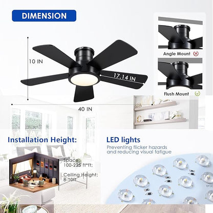 Hounberi 40 Inch Flush Mount Ceiling Fan with Lights and Remote, Modern Quiet DC Motor Low Profile Ceiling Fan for Low Ceilings, 5 Reversible Blades, 6 Speeds Dimmable, Indoor Outdoor Bedroom, Black