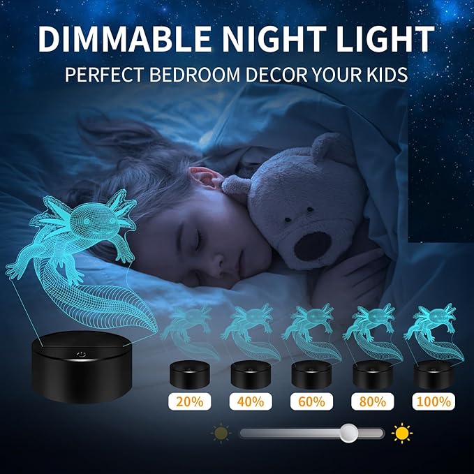 BASSI Axolotl Gifts 3D Axolotl Night Light 3D Illusion Lamp, 16 Colors Changing with Remote Kids Bedroom Decor, Birthday for Boys Girls