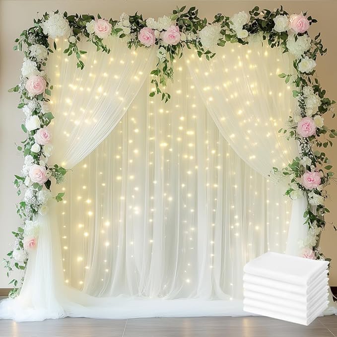 Fomcet Tulle Backdrop Curtains Ivory 30FT X 10FT Tulle Curtain with Lights String Sheer Backdrop Curtains for Parties Wedding Baby Shower Photo Shoot Decorations (6 Panels 5x10FT)
