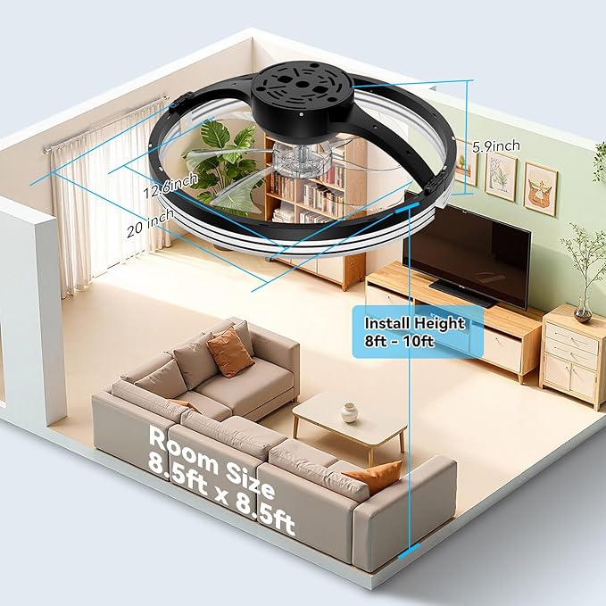AIKVSXER Ceiling Fans with Lights,20 Inch Low Profile Fandelier with APP Control, Ultra Quiet,3CCT and 6 Wind Speeds for Bedroom, Living Room Modern Flush Mount Fan Light (Black, 20inch-Stripe Fold)
