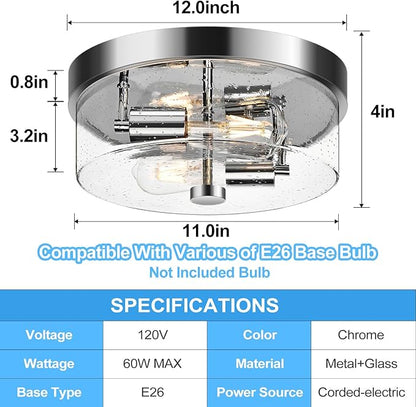Flush Mount Ceiling Light Fixtures, 2-Light Chrome Ceiling Mount for Farmhouse with Seeded Glass Lampshade, Industrial Hall Flush Mount Light Fixture for Hallway, Kitchen, Entryway, Bedroom and Foyer
