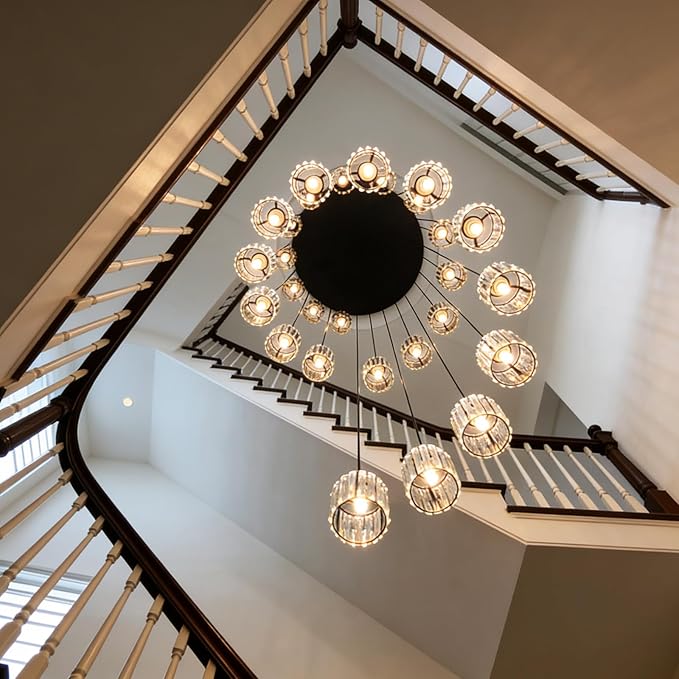 Long Chandeliers for High Ceilings,Modern Crystal Pendant Light,Raindrop Drop Lamp,Hanging Flush Mount Lighting Fixtures for Spiral Staircase,Foyer,Entryway,Living Room,Black (12 Lights)