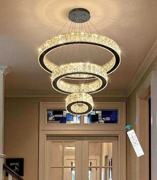 Modern Crystal Chandelier 36W Dimmable LED Ceiling Light Fixture with Remote Luxury Adjustable Pendant Light for Living Room Dining Room Black