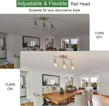 Brushed Nickel Track Lighting 3 Light Semi Flush Mount Ceiling Light Fixture Adjustable Flexibly Rotatable Farmhouse Dining Room Kitchen Light Fixtures with Metal Cage