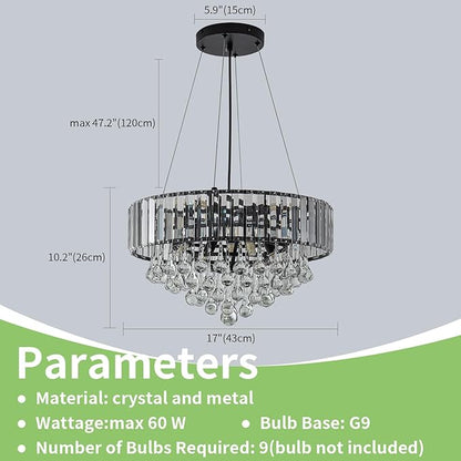 HOPGGIE 17 Inch Crystal Chandeliers Flush Mount Chandelier G9 Base Round Modern Ceiling Light Fixture Pendant Lighting for Living Room Dining Room Laundry Room Kitchen Bedroom (Black)