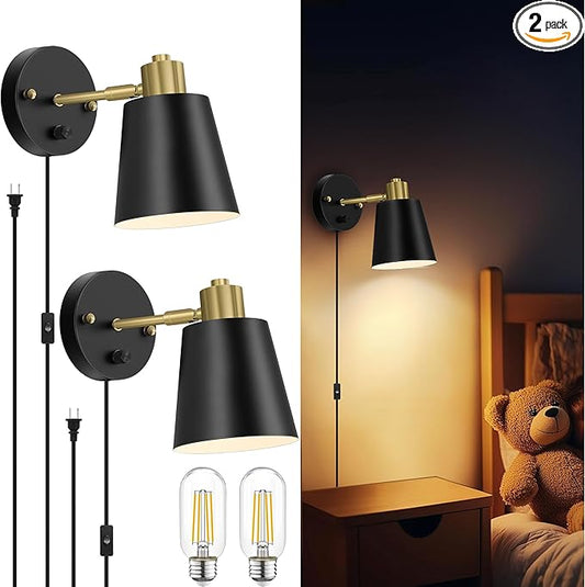 Lomoky Plug in Wall Sconces Set of 2, Dimmable Wall Lights with Plug in Cord and Dimmer On/Off Knob Switch, Adjustable Angle Black Wall Mounted Lamp for Bedside Bedroom Living Room (2 Bulbs Included)