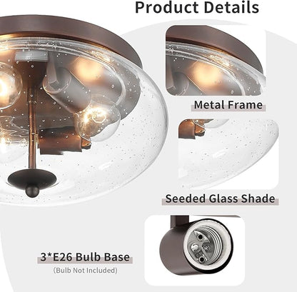 Darkaway Large Ceiling Light Fixtures 3-Ight Flush Mount Indoor Outdoor Ceiling Light with Seeded Glass Shade for Hallway Kitchen Bedroom Porch Living Room Dining Room Bronze Finish