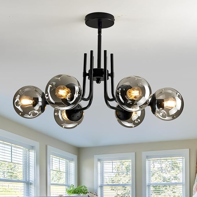 hesoge 6-Lights Glass Globe Sputnik Chandeliers Modern Metal Ceiling Light Fixture Black Semi Flush Mount Chandelier for Living Room Dining Room Bedroom Farmhouse Kitchen.
