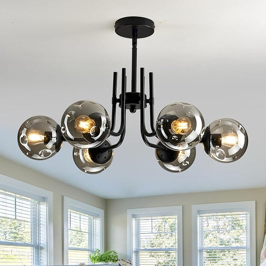 hesoge 6-Lights Glass Globe Sputnik Chandeliers Modern Metal Ceiling Light Fixture Black Semi Flush Mount Chandelier for Living Room Dining Room Bedroom Farmhouse Kitchen.