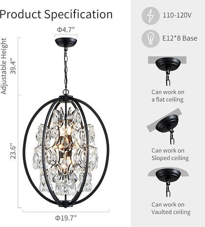 WUZUPS Globe Crystal Chandelier Raindrop Pendant Flushmount Ceiling Light Modern Lighting Fixture for Bedroom Hallway Bar Kitchen Bathroom, H 23.6" x W 19.7", Black, 8 E12 Base