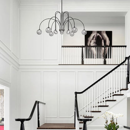 Modern Black Chandeliers Mid Century 12 Lights Sputnik Chandelier Large L52” Smoke Glass Globe Pendant Light Fixture for High Ceiling Foyer Staircase Living Dining Room