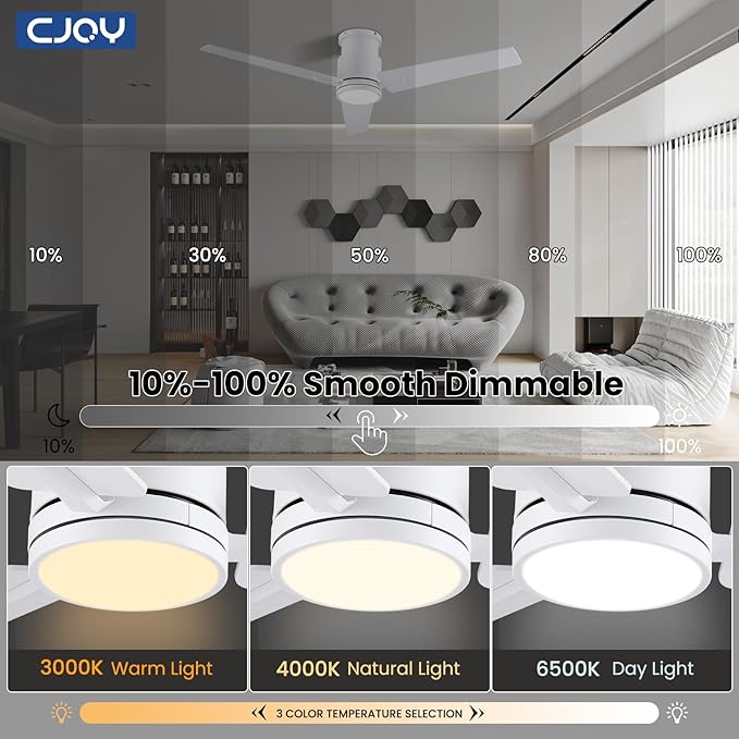 CJOY Ceiling Fan with Lights, 48 Inch Low Profile Ceiling Fans with Light and Remote, Reversible DC, Flush Mount, 3CCT，Dimmable, Modern Indoor/Outdoor Design for Bedroom, Living Room, Patio, Kitchen
