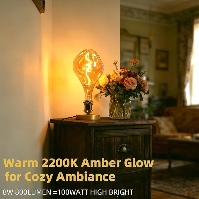 Oversized Giant Vintage Edison Light Bulb, Dimmable 2200K Warm Amber Glow, 8W Edison Bulb (100W Equivalent) with E26 Base, A165 Extra Long Irregular Globe for Pendant, Ceiling & Floor Lamps 1Pack
