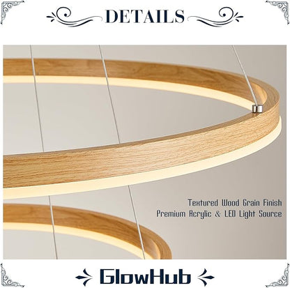 3-Ring LED Chandelier 24" Circular Pendant Light with Wood Grain Finish Dimmable Round Hanging Light Modern Farmhouse Chandeliers for Dining Room Foyer Office Adjustable 3000-6500K with Remote