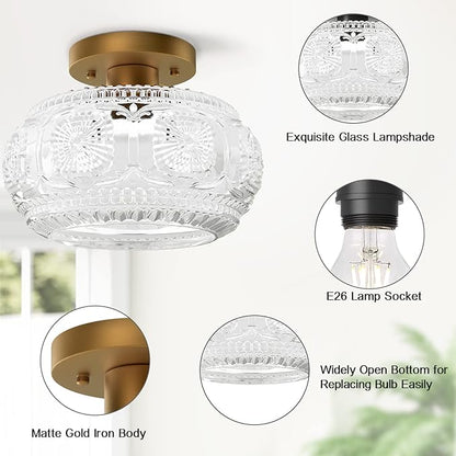 Semi Flush Mount Ceiling Light, Globe Glass Ceiling Light Fixture, Gold Modern Lighting for Hallway Porch Corridor Kitchen Bedroom, Bulb Not Included