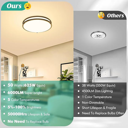 16 Inch LED Flush Mount Ceiling Light Fixture 2PACK, Dimmable 5CCT Selectable 2700K Warm White-6500K Super Bright Daylight White, 50W 6000LM Round Black Ceiling Lamps for Living Room Bedroom Kitchen