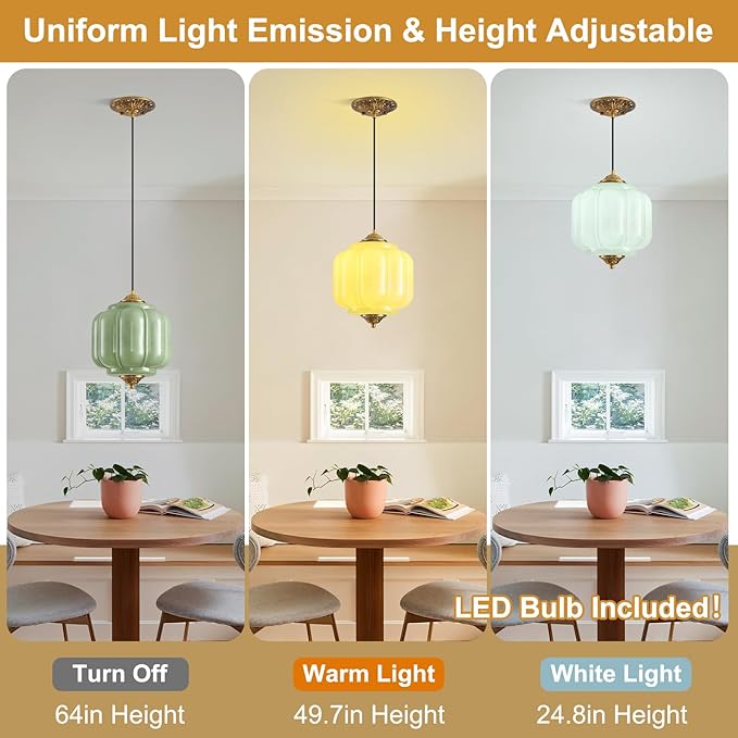Green Glass Pendant Light, 9in Medium Schoolhouse Light Fixture, LED Bulb Included, Vintage Art Deco Chandelier for Kitchen Island Dining Room Bedroom Hallway, Green & Antique Gold 1 Pack