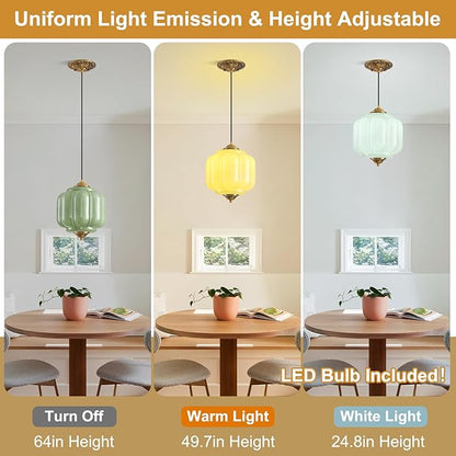 Green Glass Pendant Light, 9in Medium Schoolhouse Light Fixture, LED Bulb Included, Vintage Art Deco Chandelier for Kitchen Island Dining Room Bedroom Hallway, Green & Antique Gold 1 Pack