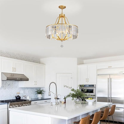 6-Light Crystal Gold Chandeliers for Dining Room 22 Inch Modern Farmhouse Chandelier Large Pendant Lighting Fixture Round Hanging Lamp for Living Room Kitchen Island Hallway Bedroom Foyer Hall