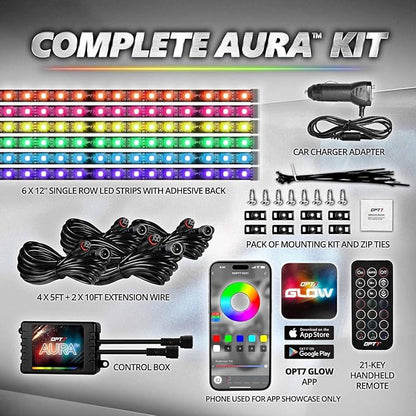 OPT7 Aura Pro 6PC Interior Lights for Truck SUV RV with App & Remote Control, Multicolor Mode, Music Sync Neon Accent Lighting Kit, Under Dash Decor, 12V Car Charger, Single Row LED Strip