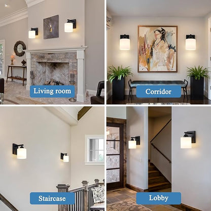 Mecgirn Matte Black Milk Glass Wall Sconces, 1 Pack Hardwired Indoor Wall Light Fixtures for Living Room, Hallway, Bedroom, Ceramic E26 Sockets (Bulbs Not Included)