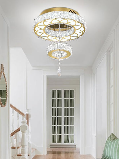 Flashing God Dia 12" Crystal Mini Chandelier Crystal Gold Ceiling Light Fixtures LED Flush Mount Ceiling Light for Living Room Bedrooms Dining Room Dimmable 2700k 4500k 6000k