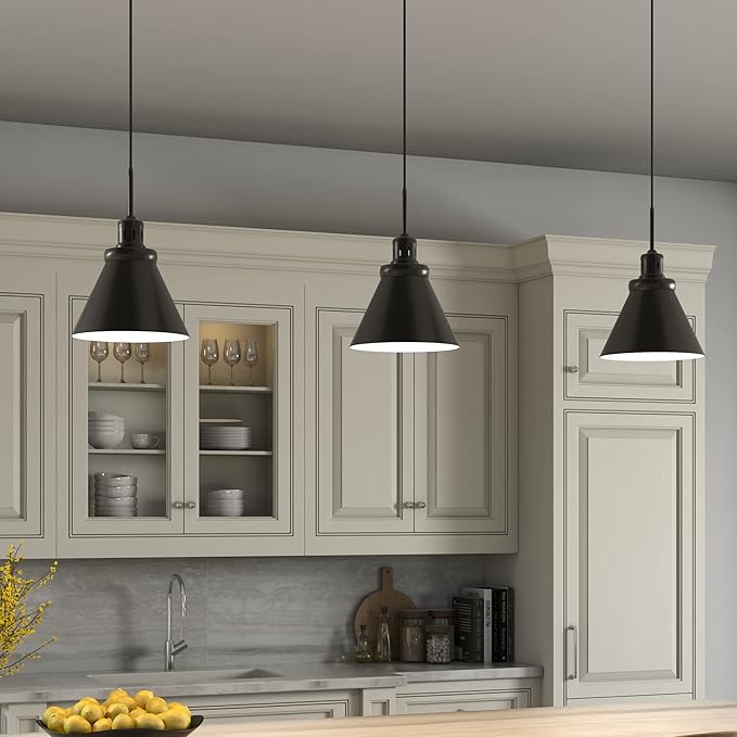 Henn&Hart 12" Industrial Dimmable Pendant Light Fixture with Black Metal Cone Shade and 8' Adjustable Cord for Kitchen Island, Dining Room or Game Room, Black
