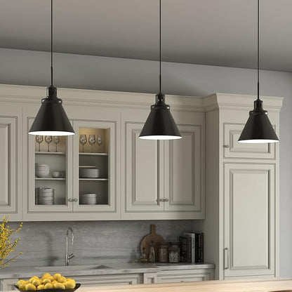 Henn&Hart 12" Industrial Dimmable Pendant Light Fixture with Black Metal Cone Shade and 8' Adjustable Cord for Kitchen Island, Dining Room or Game Room, Black