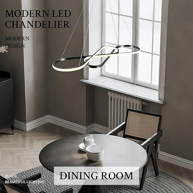 Modern LED Chandelier Black Dimmable LED Pendant Light for Dining Room Light Fixture Over Table Modern Kitchen Island Lighting High Ceiling with Remote for Living Room, 31.7 Inch