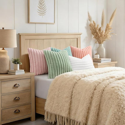 decorUhome Summer Cozy Faux Fur Throw Pillow Covers 24x24 Set of 2 Decorative Soft Plush Striped Modern Farmhouse Boho Couch Euro Sham Pillow Cases with Velvet Back for Sofa Bed Living Room, Aqua