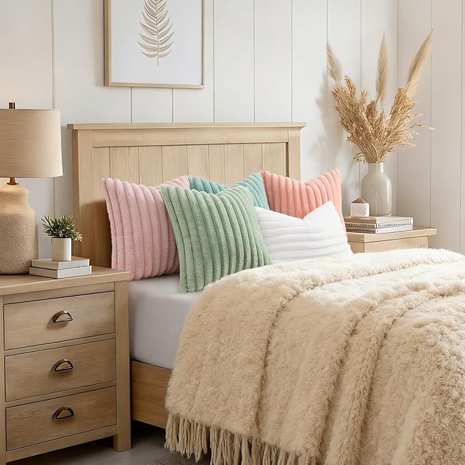 decorUhome Summer Cozy Faux Fur Throw Pillow Covers 26x26 Set of 2 Decorative Plush Striped Modern Farmhouse Boho Couch Euro Sham Pillow Cases with Velvet Back for Sofa Bed Living Room, Blush Pink