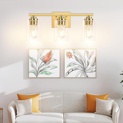 3-Light Bathroom Light Fixtures, 19" Modern Vanity Lights Over Mirror with Clear Glass Shades, Gold Light Fixture, Classic Wall Light Fixture for Mirror Living Room Cabinet Bedroom Porch