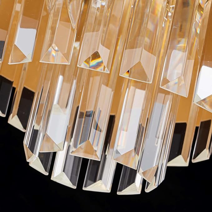 LumFurn 3-Light Luxury K9 Crystal Ceiling Light for Living Room, Foyer, Bedroom, Close to Ceiling Semi-Flushmount Light Fixture, Brass Finish Metal Lampshade & Clear Crystal Pendant