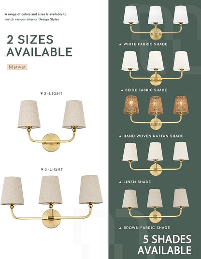 2-Light Bathroom Light Fixtures, Brushed Gold Vanity Lights, Double Wall Sconce with Brown Fabric Shade, Modern Sconces Wall Lighting for Hallway Bedroom Stairway, VL837-BG-L-2