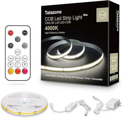 Tatazone White COB Led Strip Lights Max with RF Remote, 16.4ft 4000K CRI93+ Dimmable Ultra Bright Neutral White COB Light Strip, Indoor COB Led Lights for Mirror, Kitchen, Room, Cabinet, Closet