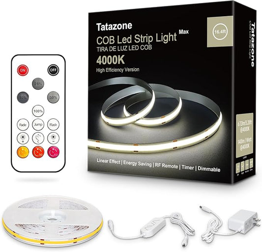 Tatazone White COB Led Strip Lights Max with RF Remote, 16.4ft 4000K CRI93+ Dimmable Ultra Bright Neutral White COB Light Strip, Indoor COB Led Lights for Mirror, Kitchen, Room, Cabinet, Closet